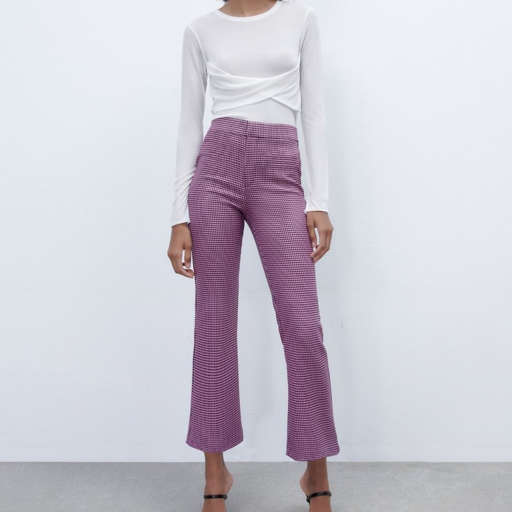 ZARA FLARE PANTS - PINK AND BLACK HOUNDSTOOTH - XS & S - NWT